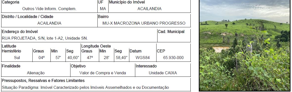 Terreno da Caixa em ACAILANDIA / MA - 18112
