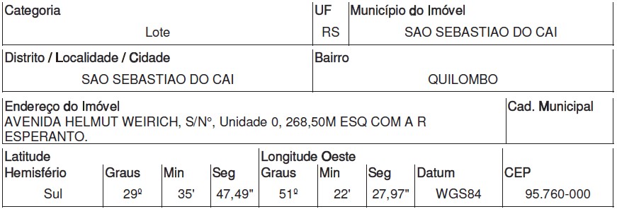 Terreno Caixa em SAO SEBASTIAO DO CAI / RS - 10168492