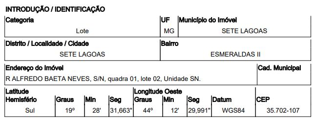 Terreno Caixa em SETE LAGOAS / MG - 10193935