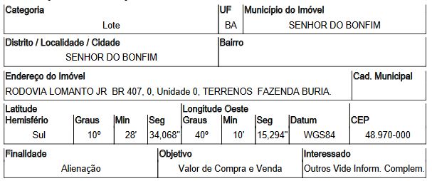 Terreno da Caixa em SENHOR DO BONFIM / BA - 1555534083832