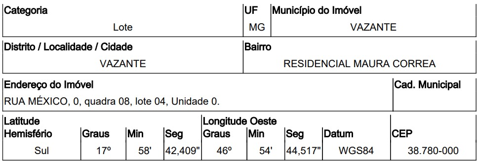 Terreno da Caixa em VAZANTE / MG - 10281402
