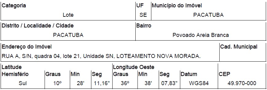 Terreno da Caixa em PACATUBA / SE - 10286332