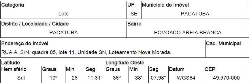 Terreno da Caixa em PACATUBA / SE - 10286335