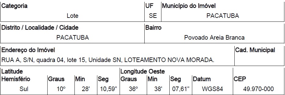 Terreno da Caixa em PACATUBA / SE - 10286340
