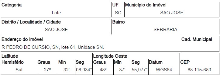 Terreno da Caixa em SAO JOSE / SC - 10286330