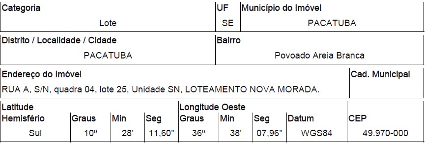 Terreno da Caixa em PACATUBA / SE - 10286334