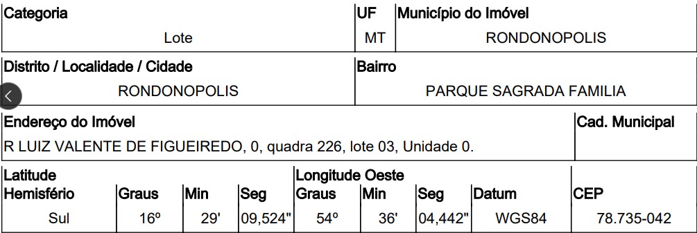 Terreno da Caixa em RONDONOPOLIS / MT - 10291000